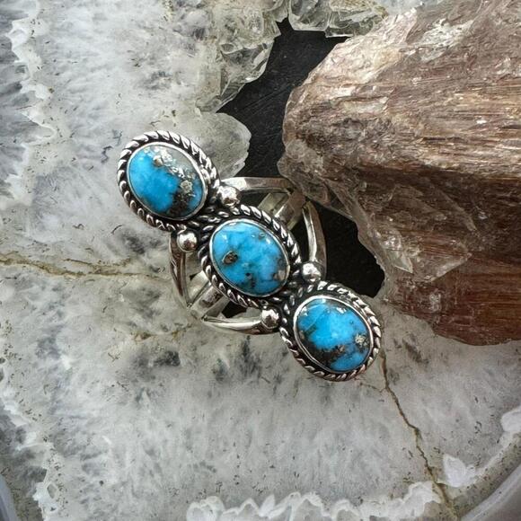 Native American Sterling Silver 3 Oval Matrixed Turquoise Ring Sz 6.75 For Women - Picture 2 of 10